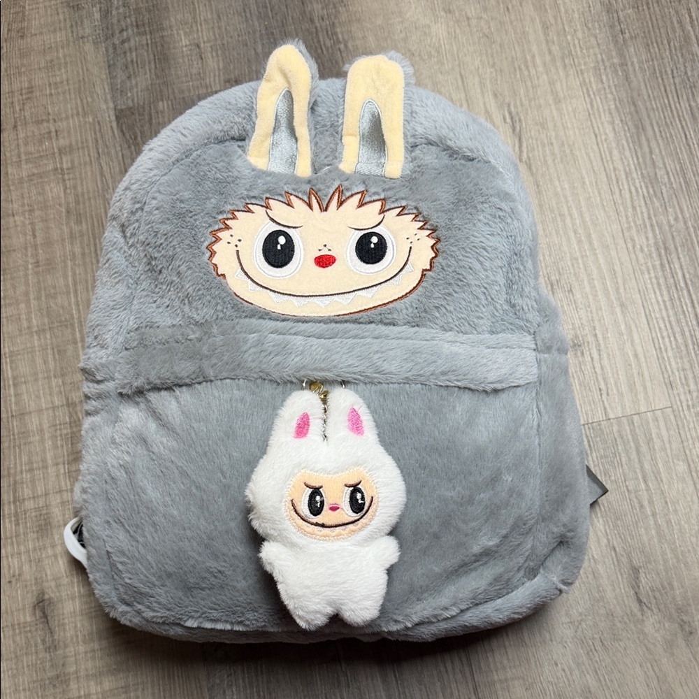 Plush Grey Labubu Kids Backpack with Labubu Charm
